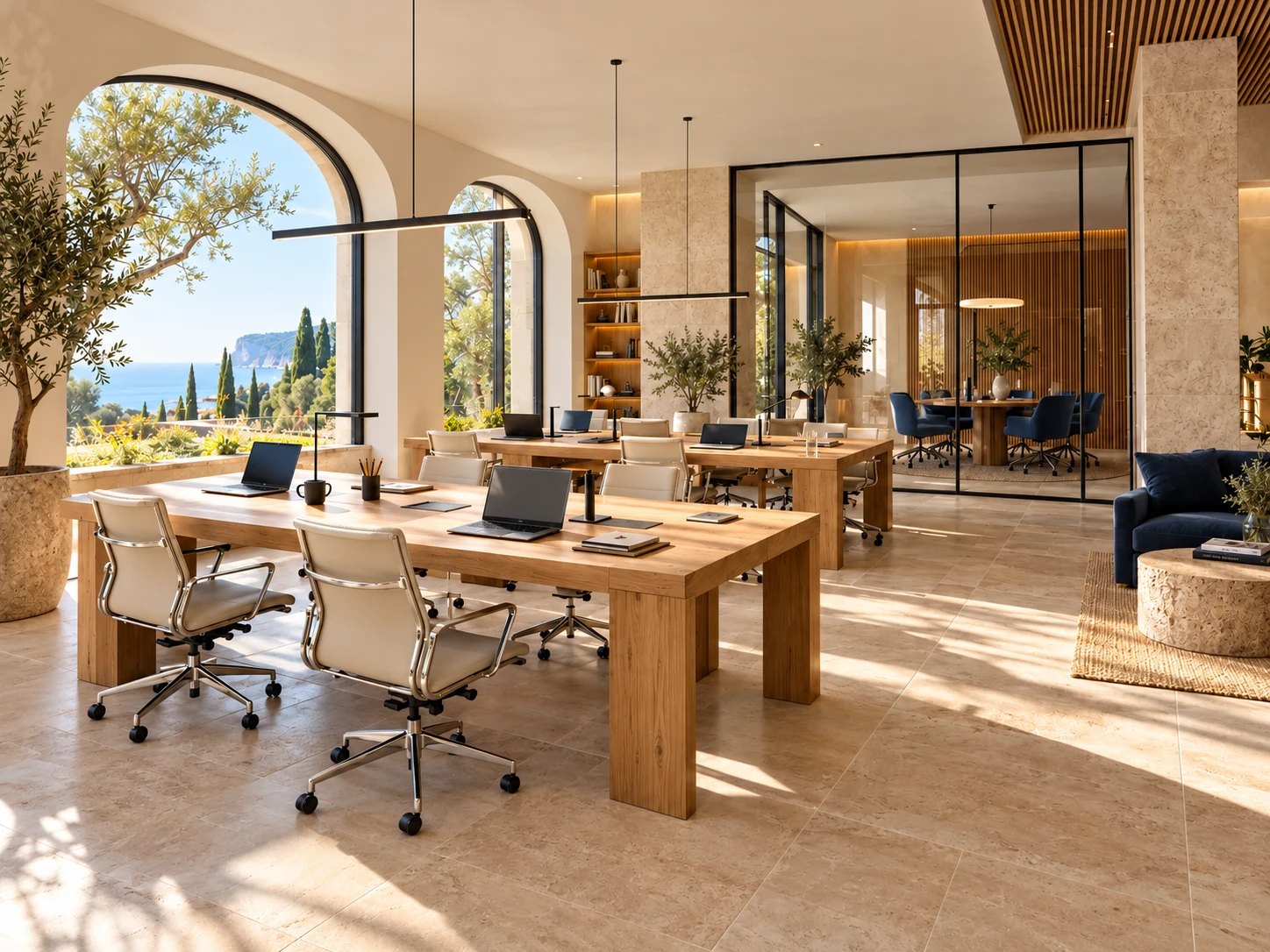 Espace de travail lumineux aux grandes tables en bois, baies en arc ouvertes sur la mer et salle de réunion vitrée