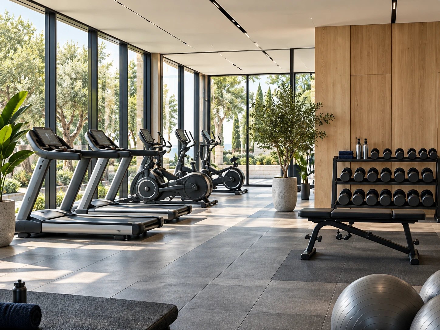 Salle de sport lumineuse avec tapis de course et haltères